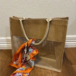 Stylish Tan Tote Bag with Scarf Accent